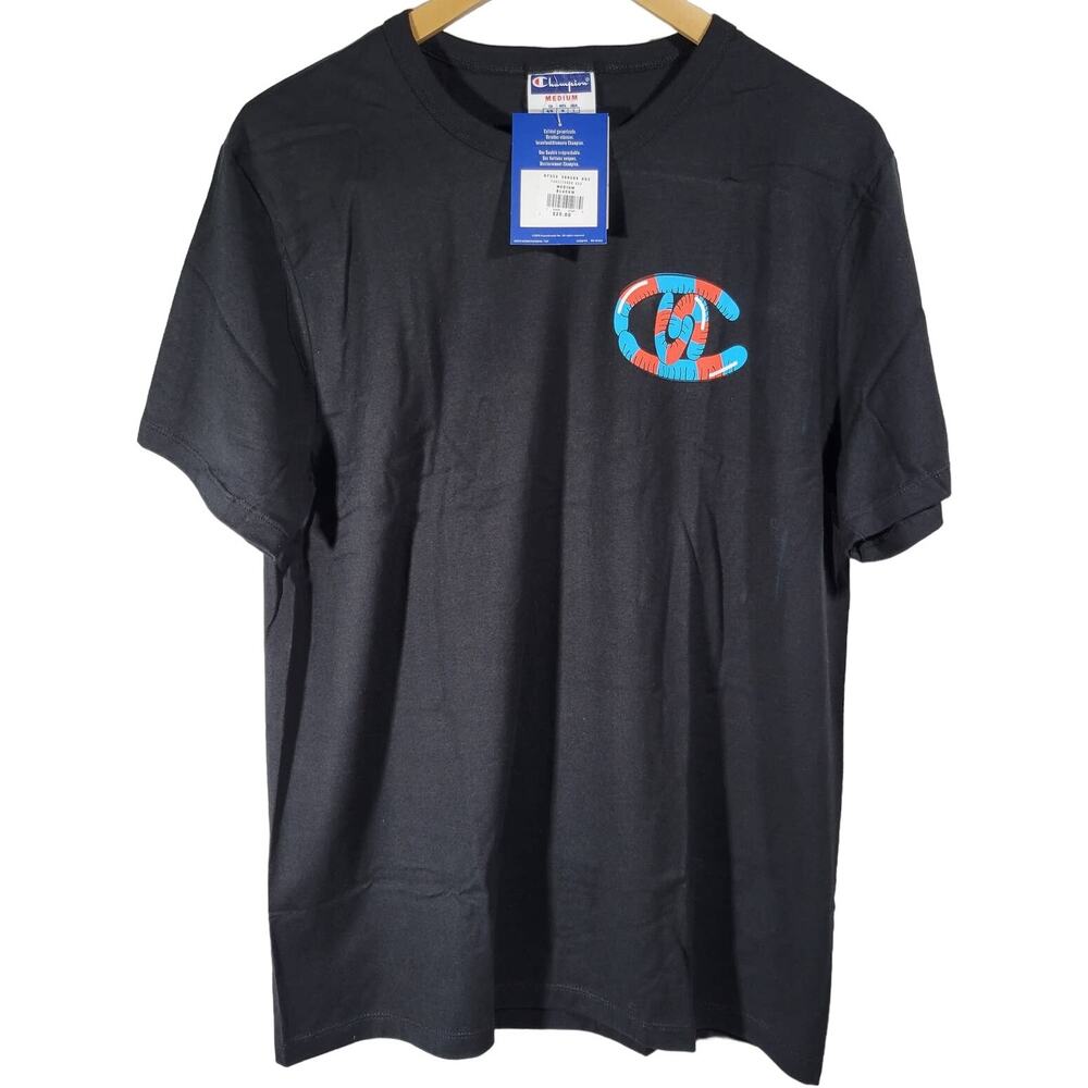 Champion Mens T Shirt Medium Black Graphic Print Short Sleeve Crew Neck Cotton